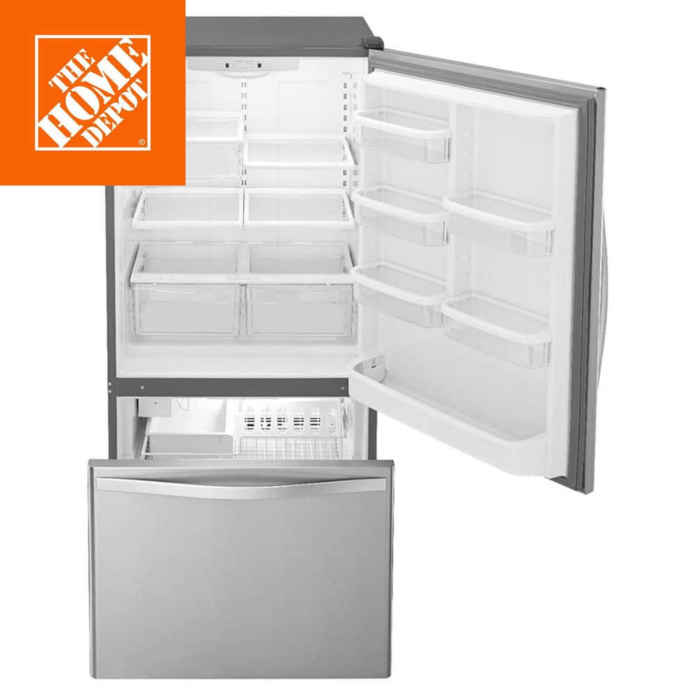 Stainless steel bottom freezer refrigerator with 22.1 cu ft capacity