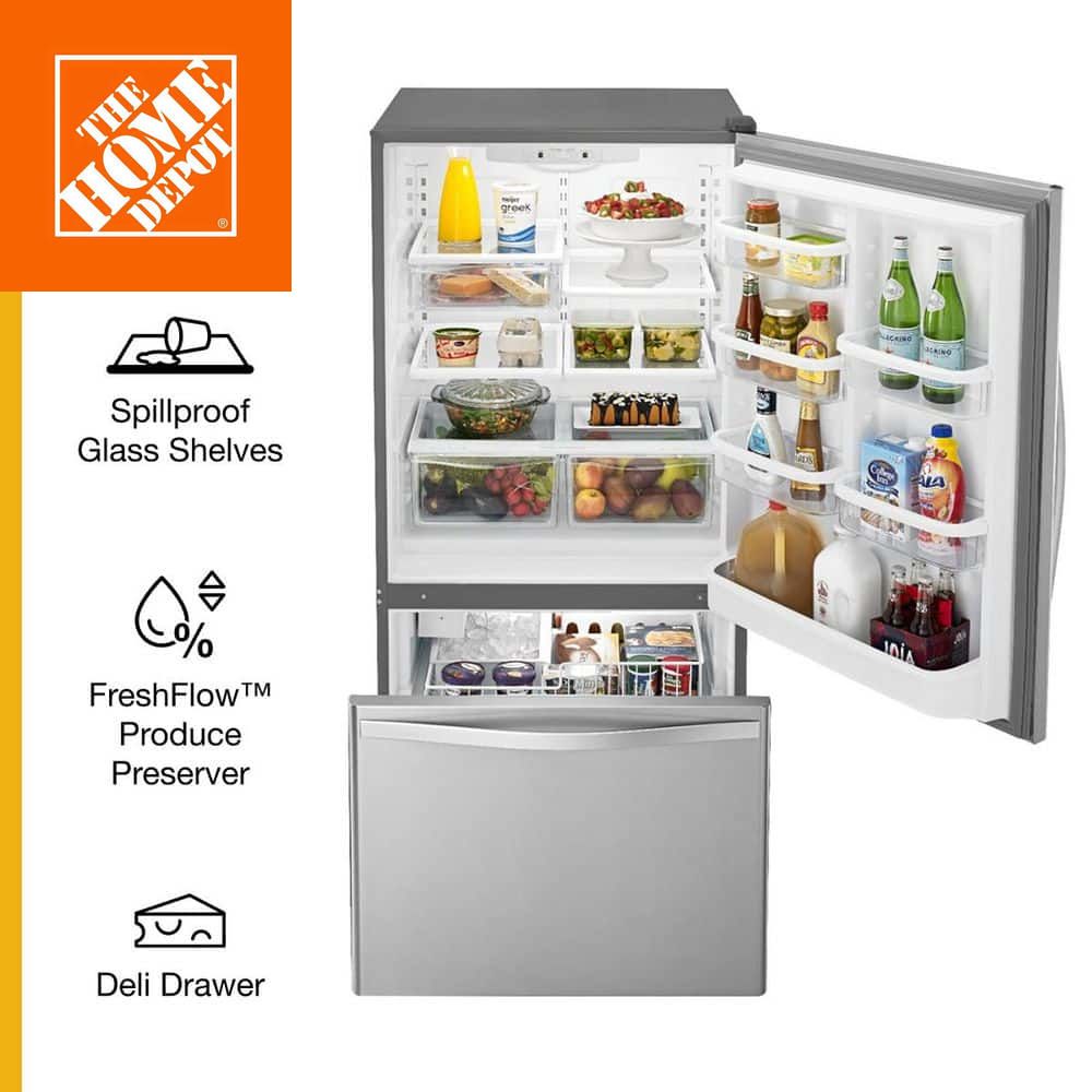 Stainless steel bottom freezer refrigerator with 22.1 cu ft capacity