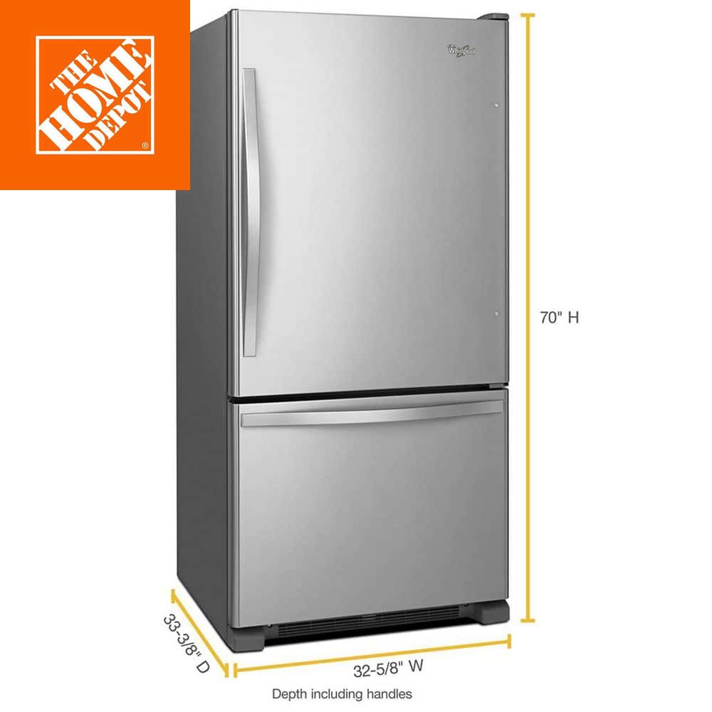 Stainless steel bottom freezer refrigerator with 22.1 cu ft capacity