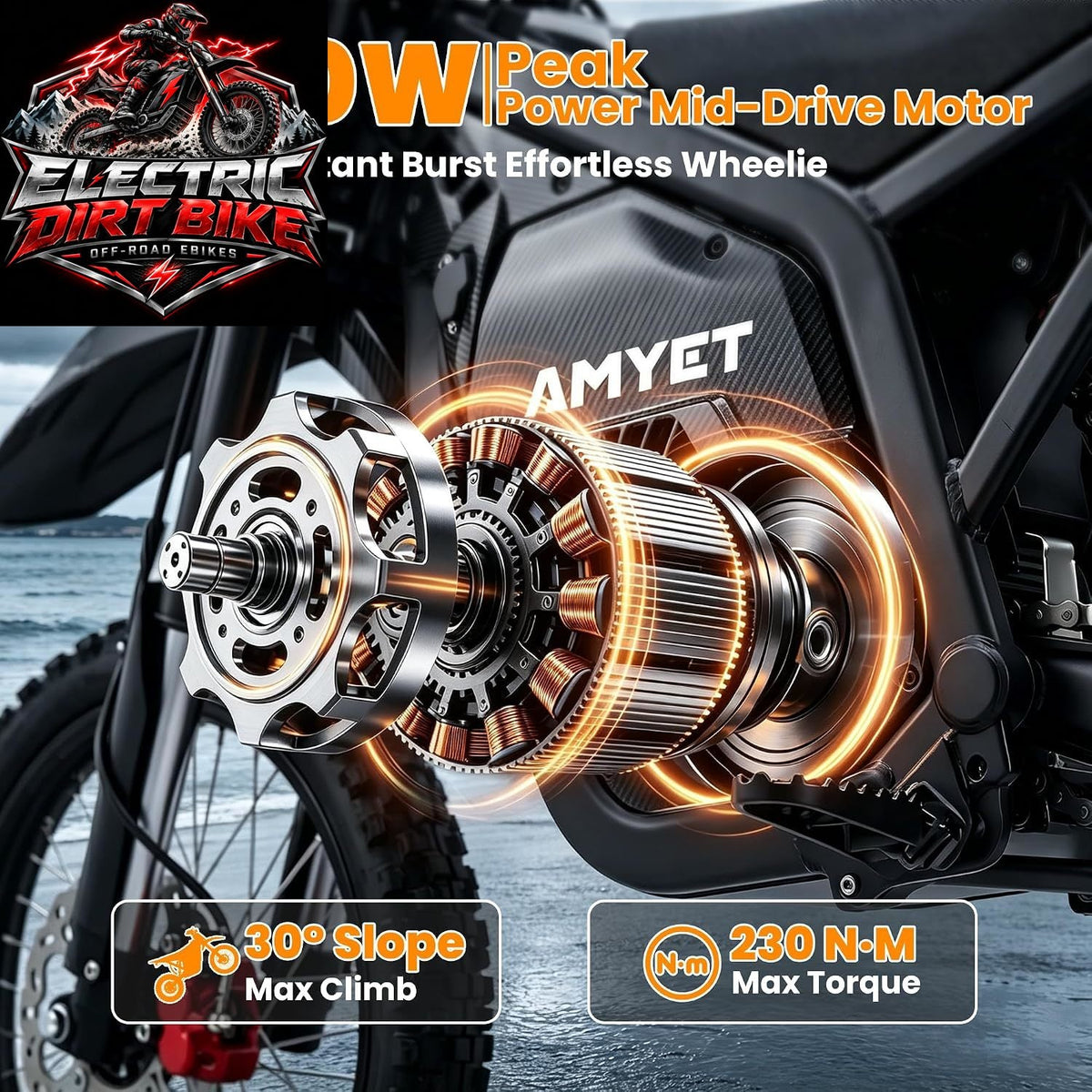 AMYET Electric Dirt Motorcycle, 4000W Peak with Reverse Gear