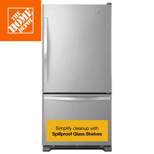Stainless steel bottom freezer refrigerator with 22.1 cu ft capacity